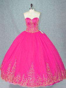 Pretty Fuchsia Ball Gowns Beading 15th Birthday Dress Lace Up Tulle Sleeveless Floor Length