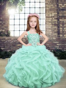 Ball Gowns Kids Pageant Dress Apple Green Straps Tulle Sleeveless Floor Length Lace Up