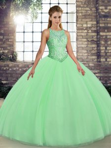 High Quality Scoop Sleeveless Lace Up Quinceanera Gown Green Tulle