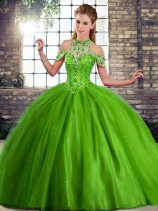 Latest Green Quinceanera Dresses Tulle Brush Train Sleeveless Beading