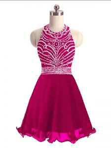 Sleeveless Mini Length Beading Lace Up Prom Dress with Hot Pink