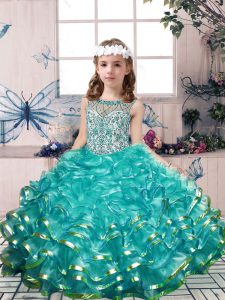 Floor Length Teal Little Girls Pageant Dress Wholesale Scoop Sleeveless Lace Up