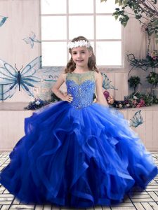 Floor Length Royal Blue Little Girl Pageant Dress Tulle Sleeveless Beading and Ruffles