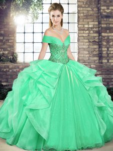 Ball Gowns Quinceanera Dresses Apple Green Off The Shoulder Organza Sleeveless Floor Length Lace Up