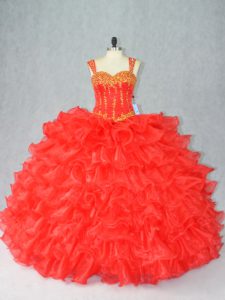 Low Price Ball Gowns Quinceanera Dress Red Straps Organza Sleeveless Floor Length Lace Up