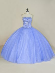 Admirable Lavender Ball Gowns Tulle Strapless Sleeveless Beading and Sequins Floor Length Lace Up Quinceanera Dresses