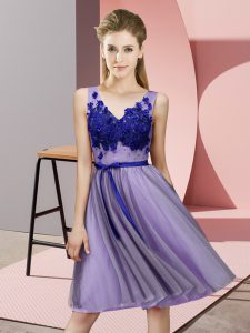 Fashion Lavender Tulle Lace Up V-neck Sleeveless Knee Length Dama Dress Appliques