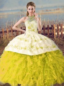 Custom Fit Yellow Green and Yellow Halter Top Lace Up Embroidery and Ruffles Quinceanera Gowns Court Train Sleeveless