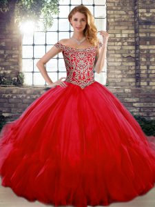 Noble Red Tulle Lace Up 15th Birthday Dress Sleeveless Floor Length Beading and Ruffles