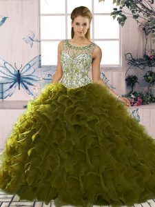 Olive Green Ball Gowns Beading and Ruffles Sweet 16 Dresses Lace Up Organza Sleeveless Floor Length