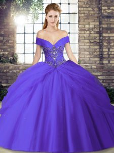 Designer Tulle Off The Shoulder Sleeveless Brush Train Lace Up Beading and Pick Ups Sweet 16 Quinceanera Dress in Purple