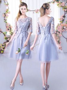 Grey Half Sleeves Mini Length Lace Lace Up Bridesmaid Dress
