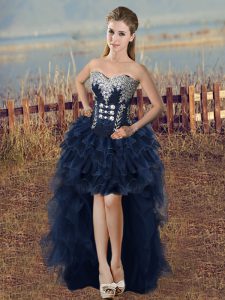 Gorgeous High Low Lace Up Navy Blue for Prom and Party and Military Ball with Beading and Ruffled Layers