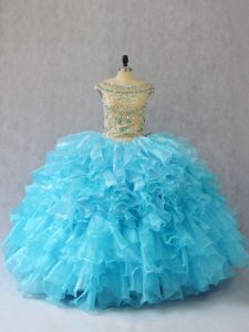 Baby Blue Sleeveless Floor Length Ruffles Lace Up 15th Birthday Dress