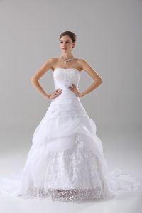Modest White A-line Organza Strapless Sleeveless Beading and Lace Lace Up Wedding Gowns Brush Train