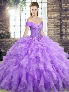 Customized Lavender Organza Lace Up Sweet 16 Dresses Sleeveless Brush Train Beading and Ruffles
