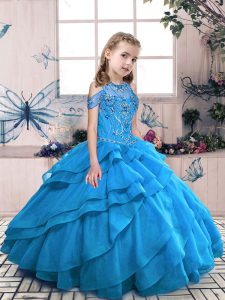 Aqua Blue Sleeveless Floor Length Beading and Ruffles Lace Up Kids Pageant Dress