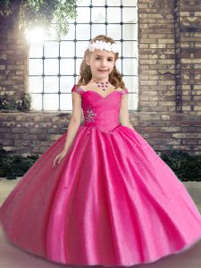 Hot Pink Ball Gowns Tulle Straps Sleeveless Beading Floor Length Lace Up Little Girl Pageant Dress