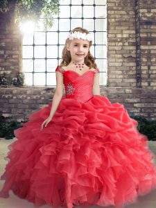 Fashion Red Straps Neckline Beading Girls Pageant Dresses Sleeveless Lace Up