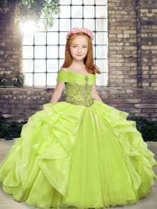 Inexpensive Yellow Green Lace Up Straps Beading and Ruffles Pageant Dress for Teens Organza Sleeveless