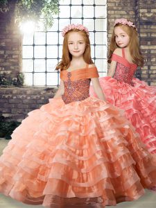 Orange Long Sleeves Organza Brush Train Lace Up Pageant Gowns For Girls for Party and Wedding Party