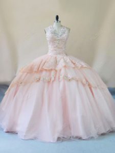Suitable Peach Lace Up Quinceanera Dresses Beading and Lace and Appliques Sleeveless