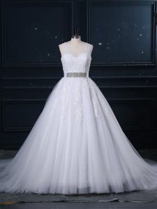 Ideal Sleeveless Brush Train Beading and Lace Zipper Wedding Gown