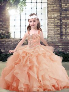 Unique Sleeveless Tulle Floor Length Side Zipper Little Girls Pageant Gowns in Peach with Beading and Ruffles