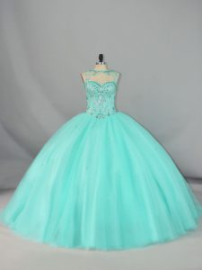 Deluxe Apple Green Ball Gowns Scoop Sleeveless Tulle Brush Train Lace Up Beading Sweet 16 Dresses