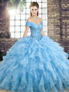 Affordable Blue Lace Up Off The Shoulder Beading and Ruffles Ball Gown Prom Dress Organza Sleeveless Brush Train