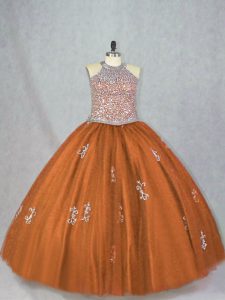 Glittering Brown Halter Top Lace Up Beading and Appliques Vestidos de Quinceanera Sleeveless