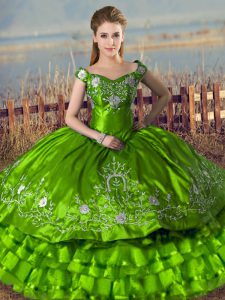 Satin Off The Shoulder Sleeveless Lace Up Embroidery and Ruffled Layers 15 Quinceanera Dress in Green