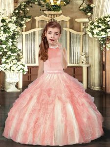 Sweet Peach Backless Kids Pageant Dress Beading and Ruffles Sleeveless Floor Length