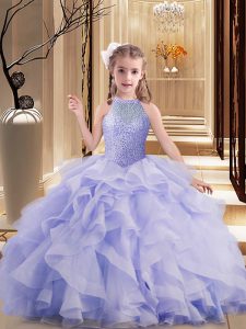 Sleeveless Brush Train Lace Up Little Girl Pageant Gowns in Lavender with Beading and Ruffles