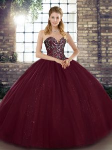 Burgundy Sleeveless Floor Length Beading Lace Up Quinceanera Dresses