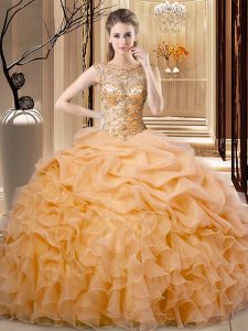 Sleeveless Floor Length Beading and Ruffles Lace Up Sweet 16 Dresses with Orange