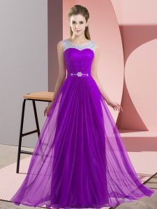 Captivating Purple Empire Scoop Sleeveless Chiffon Floor Length Lace Up Beading Dama Dress
