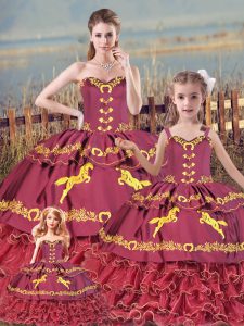 Sexy Burgundy Sleeveless Satin and Organza Zipper Quinceanera Gown for Sweet 16 and Quinceanera