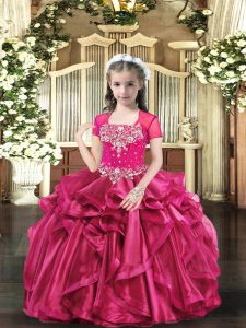 Low Price Floor Length Hot Pink Little Girls Pageant Dress Straps Sleeveless Lace Up