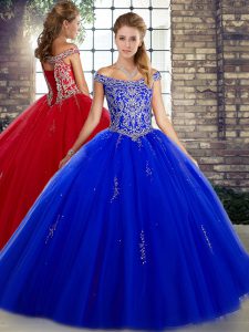 Lovely Sleeveless Floor Length Beading Lace Up Quinceanera Dresses with Royal Blue