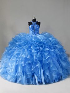 Sexy Ball Gowns Sleeveless Blue Quinceanera Dresses Brush Train Zipper