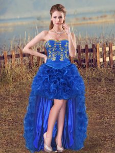 Royal Blue Sleeveless Embroidery and Ruffles High Low Prom Dress