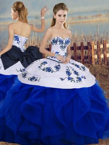Clearance Sweetheart Sleeveless Quinceanera Gown Floor Length Embroidery and Ruffles and Bowknot Royal Blue Tulle