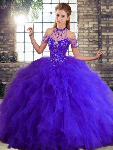 Exceptional Beading and Ruffles Quince Ball Gowns Purple Lace Up Sleeveless Floor Length