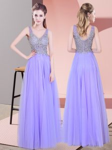 Lavender Empire Beading Homecoming Dress Zipper Tulle Sleeveless Floor Length