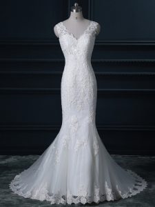 Luxurious White V-neck Backless Lace Bridal Gown Brush Train Sleeveless