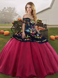Colorful Red And Black Sweet 16 Dress Military Ball and Sweet 16 and Quinceanera with Embroidery Off The Shoulder Sleeve