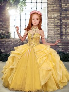 Gold Scoop Lace Up Beading and Ruffles Little Girls Pageant Dress Sleeveless