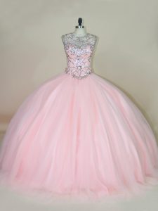 Noble Lace Up Ball Gown Prom Dress Baby Pink for Sweet 16 and Quinceanera with Beading