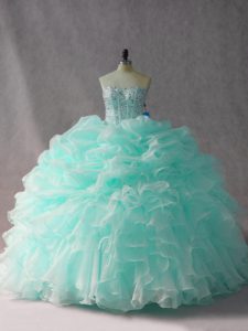 Apple Green Sleeveless Organza Brush Train Side Zipper Ball Gown Prom Dress for Sweet 16 and Quinceanera